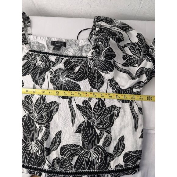 Tahari Black & White Floral 100% Linen Top Blouse with Balloon Sleeve Sz XL - Picture 6 of 10